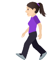 a woman in a purple shirt and black pants is walking on a white background