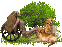 a woman is sitting on a wagon wheel with two dogs laying next to her