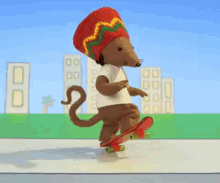 a stuffed animal wearing a rasta hat is riding a skateboard on a street