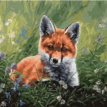 a painting of a fox sitting in the grass .