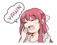 a girl with pink hair is yawning with a speech bubble that says yawn