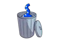 a cartoon drawing of a trash can with the lid open and a blue snake sticking out of it