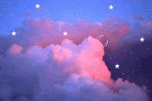 a pink cloud with a moon and stars in the sky .