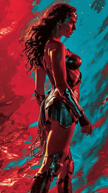 a woman in a wonder woman costume is standing in front of a blue and red background