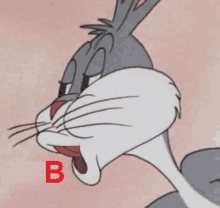 bugs bunny is making a funny face with his mouth open and a red b in the background .