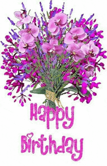 a birthday card with a bouquet of purple and blue flowers