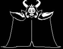 a black and white pixel art of a king with horns and a crown on his head .