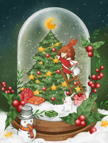 a girl decorates a christmas tree in a snow globe