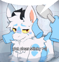 a cartoon of a furry taking a bath with the words get clear stinky