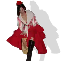 a woman in a red dress is sitting on a drum that says sdsa on it