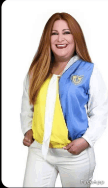 a woman wearing a blue and yellow jacket with a badge on the front