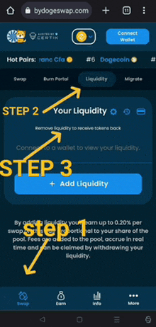 a screenshot of bydogesswap.com shows step 2 and step 3