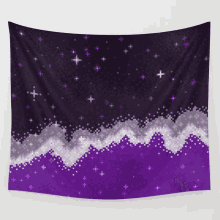 a pixel art tapestry with a purple , gray and black background