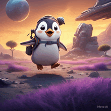 a penguin with a backpack is flying through a field of purple flowers