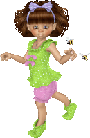 a doll wearing a green top and pink shorts is holding a bee