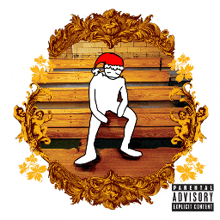 a picture of a man wearing a santa hat and a parental advisory explicit content