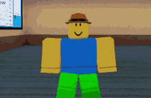 a roblox character wearing a straw hat is standing in a room with a girl behind him