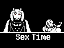 a pixel art of a man and a woman standing next to each other with the words `` sex time '' written below them .