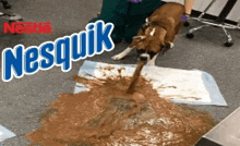 a dog is pouring nesquik into a pile of brown liquid