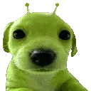 a green stuffed dog with antennas on its ears is laying down on a white background .