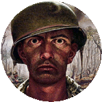 a painting of a soldier wearing a helmet looking at the camera