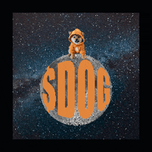 a dog is sitting on top of a moon with the word sdog in orange letters