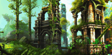 a painting of a ruined building in the middle of a jungle