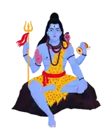 a blue and yellow statue of shiva sitting on a rock holding a trident