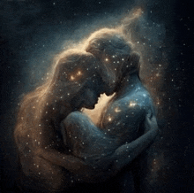 a man and a woman are hugging each other in the middle of a galaxy .