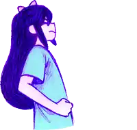 a drawing of a girl with long purple hair and a blue shirt