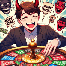 a cartoon of a man playing roulette with a sign that says scary aura