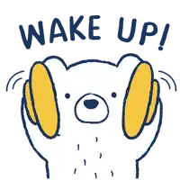 a cartoon of a bear wearing headphones with the words wake up written above it