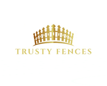 a gold logo for trusty fences with a fence in the center