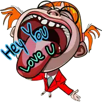 a cartoon of a man with his tongue sticking out and the words hey you love u