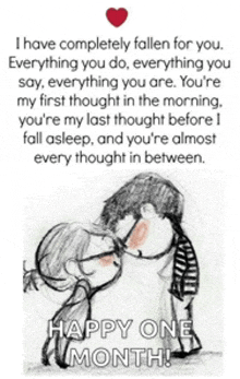 a drawing of a man and a woman kissing with the words happy one month