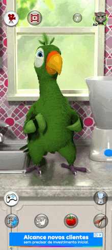 a green parrot is standing on a counter next to a blender