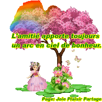 a picture of a tree with flowers and a rainbow with the words page joie plaisir partage on the bottom