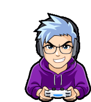 a man in a purple hoodie and headphones is holding a video game controller