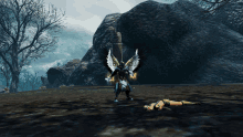 a video game character with wings is standing next to a dead woman