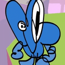 a blue cartoon character with a big eye is standing on a green surface .