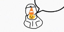 a drawing of a person with a speech bubble and a cone on their head