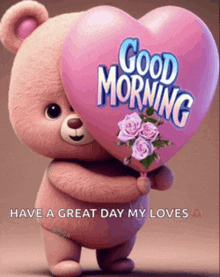 a teddy bear is holding a heart shaped balloon with the words good morning on it