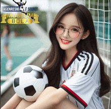 a girl wearing glasses is holding a soccer ball in front of a banner that says agenresmi sbobet museum bola