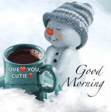 a picture of a snowman holding a cup of coffee with a good morning message