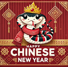 a snake wearing a scarf and a crown is on a chinese new year greeting card