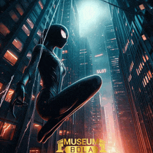 a poster for museum bola shows a woman in a spiderman suit flying through the air