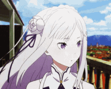 a girl with white hair and purple eyes looks at the camera