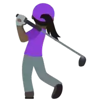 a woman in a purple shirt and purple hat swings a golf club