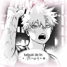 a black and white drawing of katsuki de lin 's face