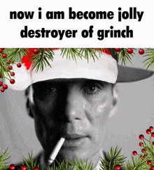 a man wearing a santa hat is smoking a cigarette